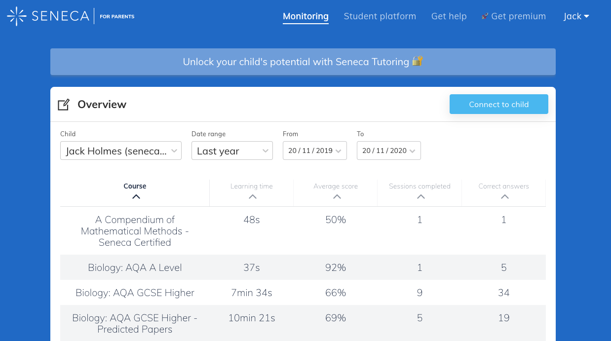 Seneca's free parent platform. Check in on your child's progress whenever you like!
